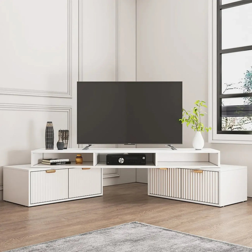 Meuble TV d'angle moderne blanc avec 2 tiroirs et rangement ouvert