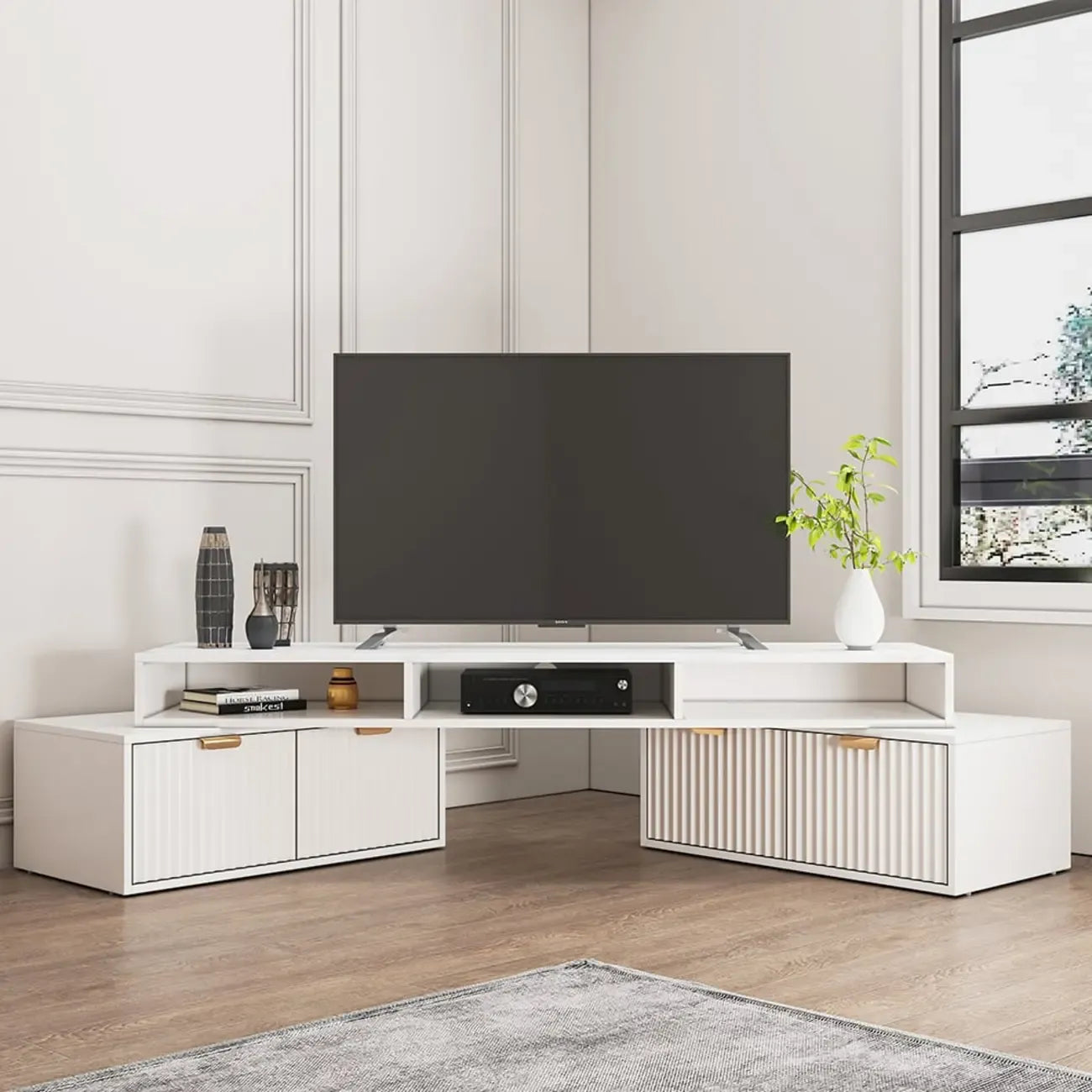 Meuble TV d'angle moderne blanc avec 2 tiroirs et rangement ouvert