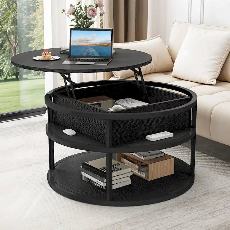 Table basse ronde relevable Moasis Farmhouse avec rangement dissimulé et étagère