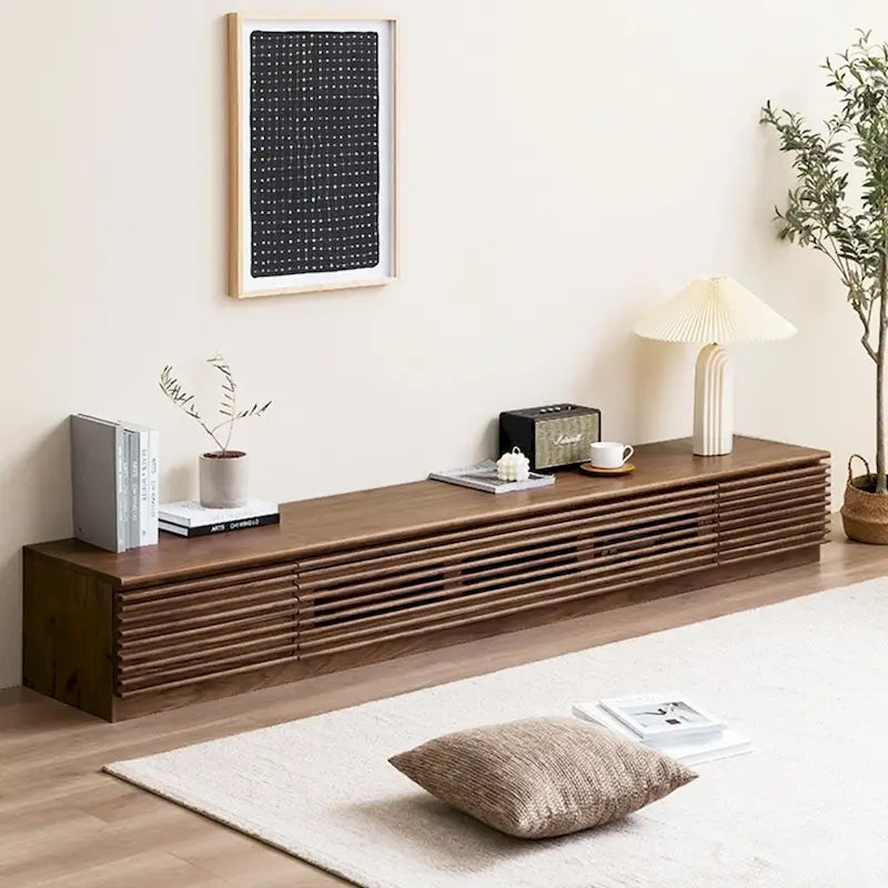 Meuble TV minimaliste avec tiroirsConsole multimédia en bois massif avec placards, porte abattante, placage noyer, entièrement assemblé