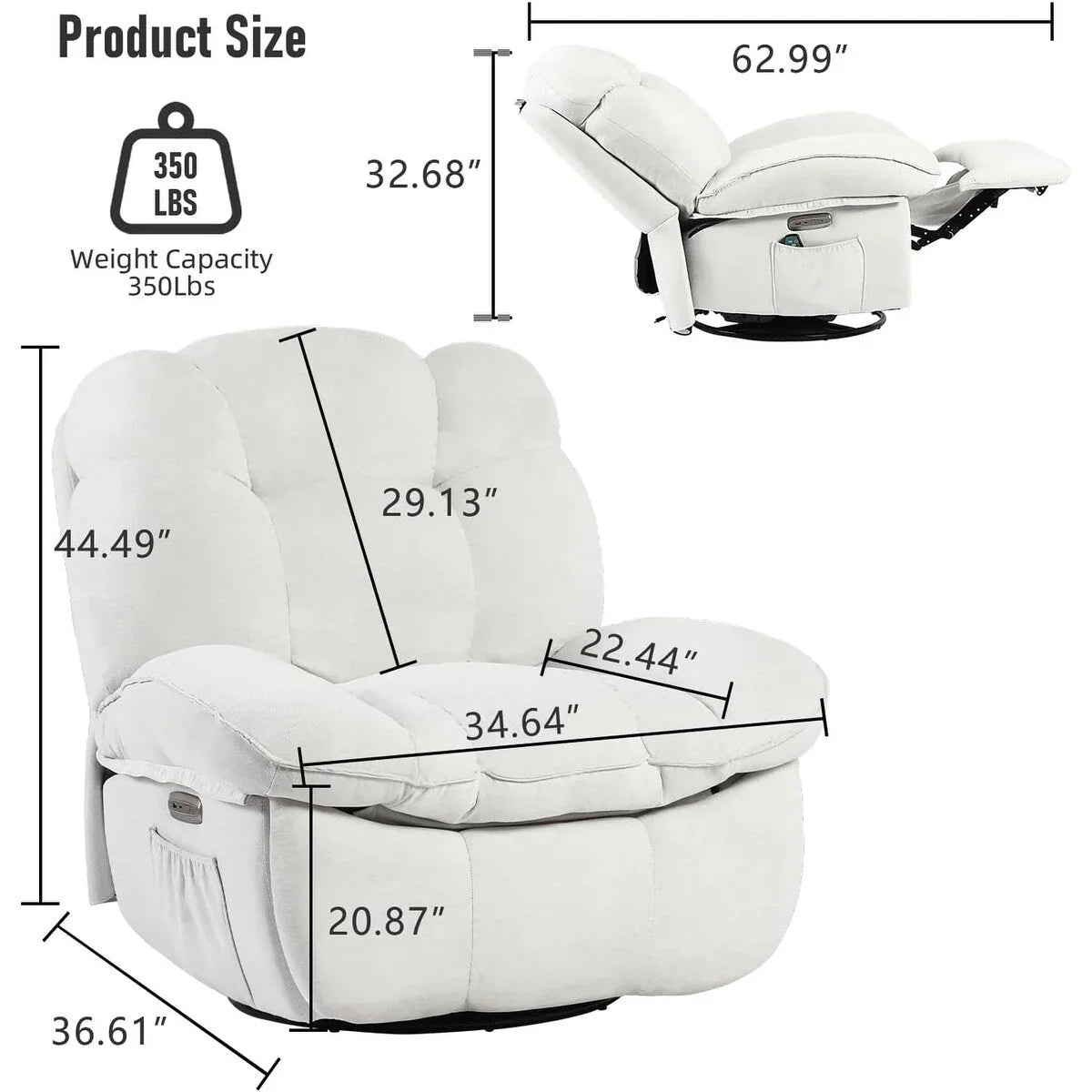 Fauteuil inclinable pivotant XINMICS, Fauteuils inclinables à bascule de massage avec fonction chauffante, ports USB, USB-C et pochette latérale
