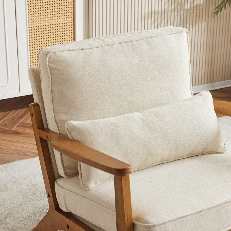 Fauteuil d'appoint rembourré en mélange de lin avec pieds en bois et un oreiller beige