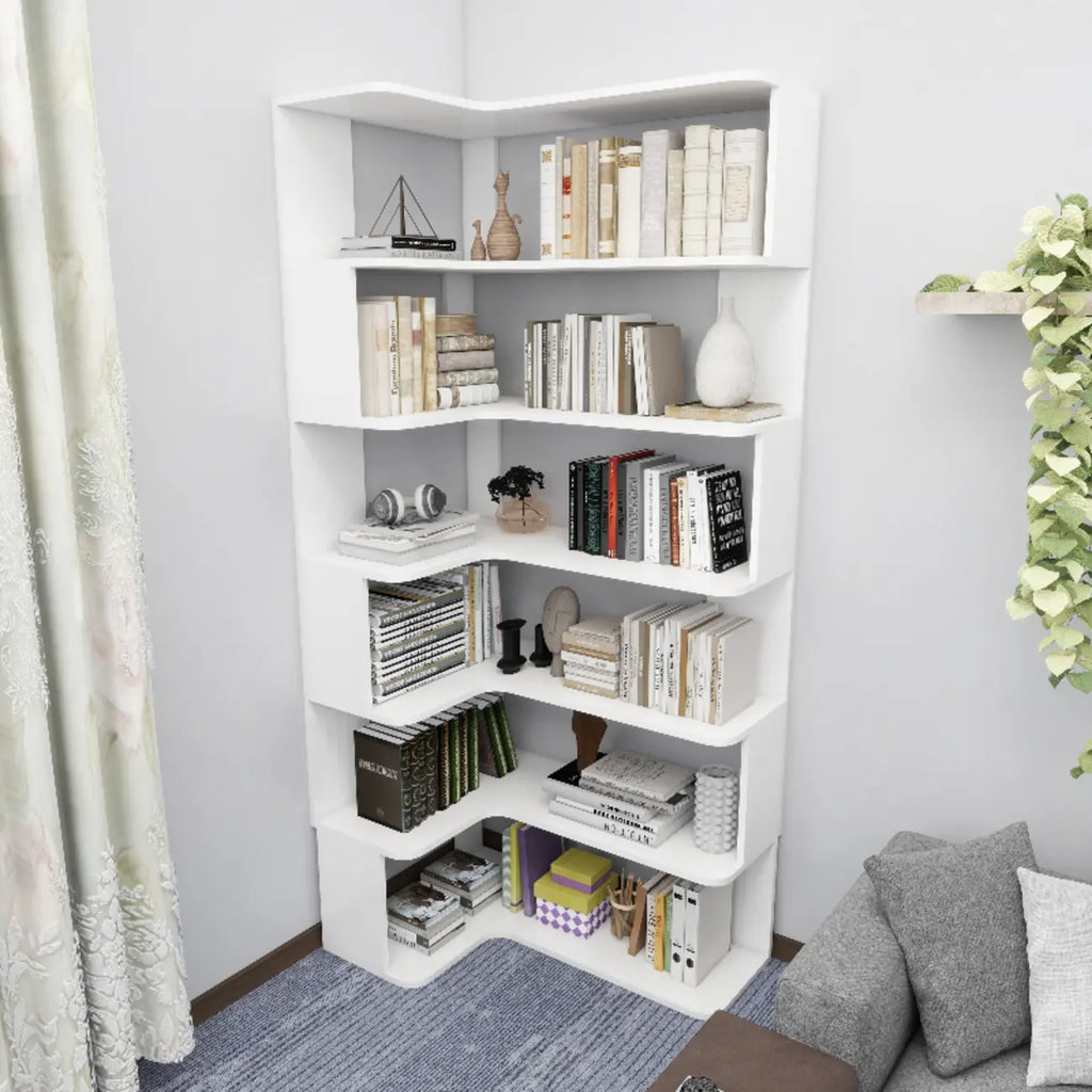 Étagère d'angle en bois manufacturé à 6 tablettes