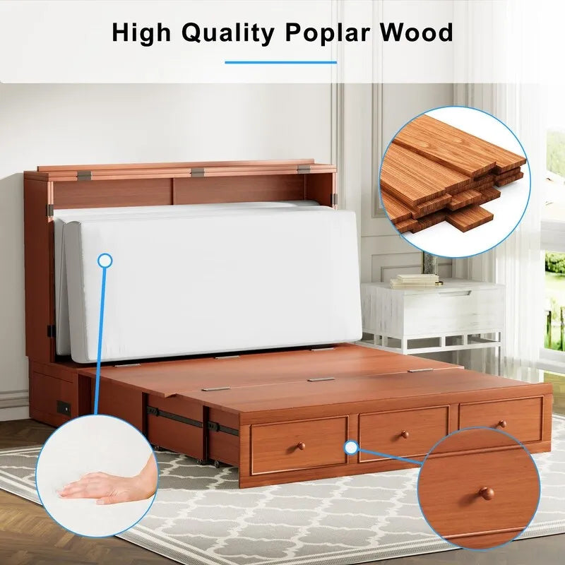 Lit escamotable avec matelas pliable, lit-armoire cube moderne avec tiroir de rangement et station de charge USB