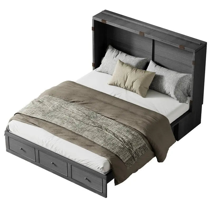 Lit escamotable avec matelas pliable, lit-armoire cube moderne avec tiroir de rangement et station de charge USB