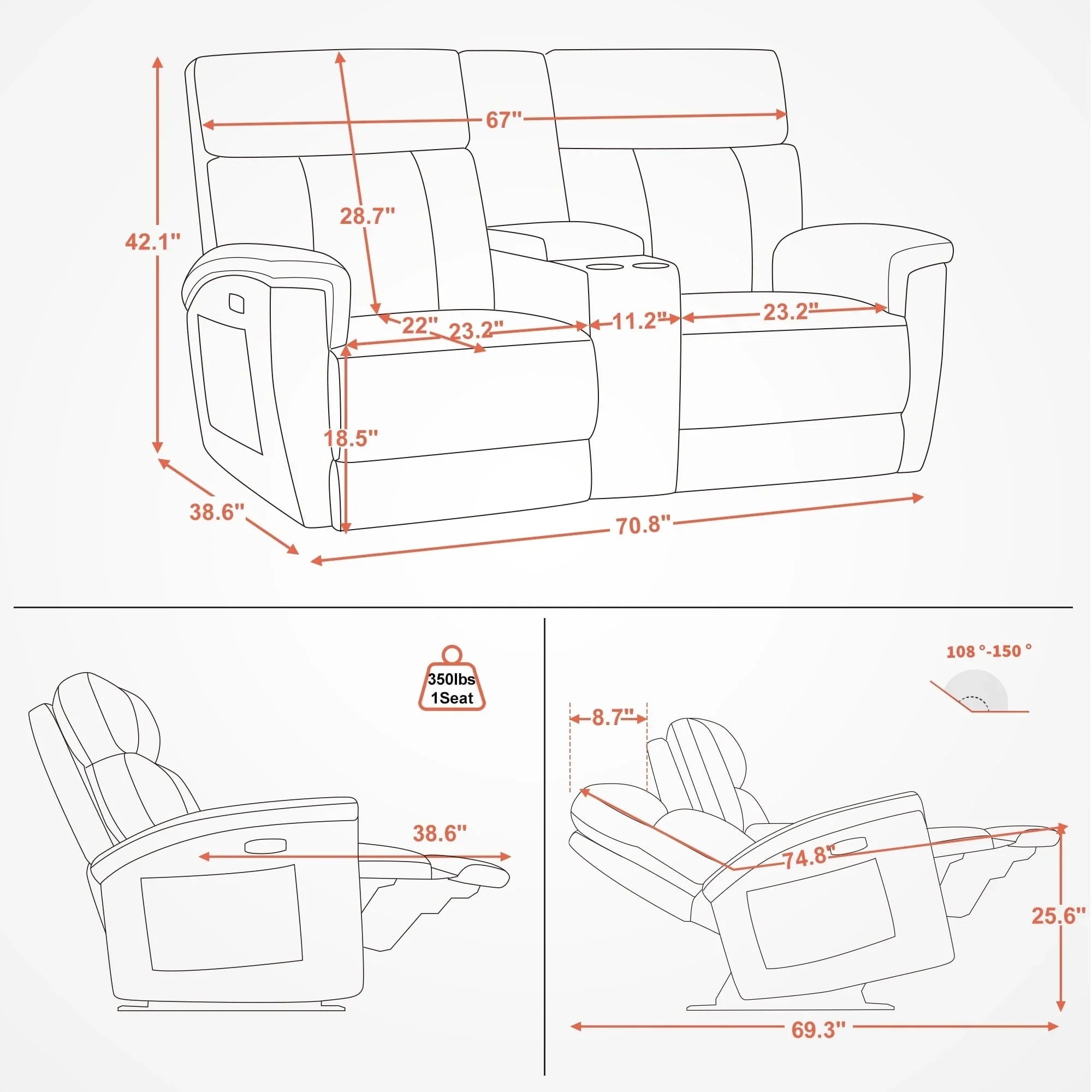 Canapé inclinable électrique MCombo 60,2 po avec massage et double chauffage, appuie-tête réglable, ports USB et Type C, tissu