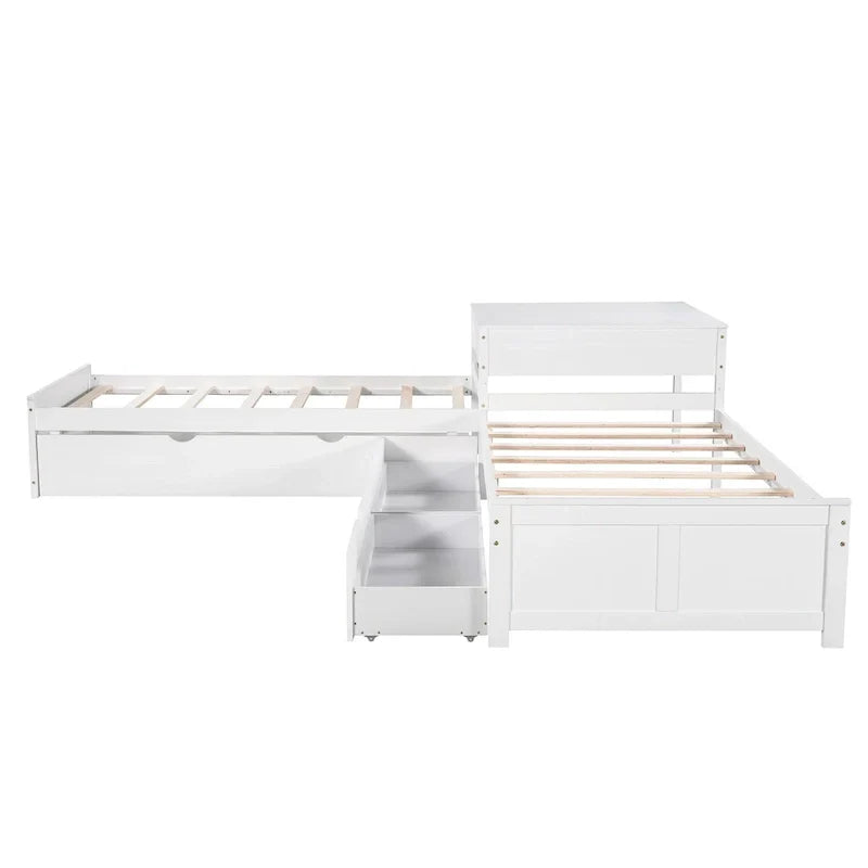 Lit plateforme en L moderne blanc de taille double avec lit gigogne et tiroirs pour chambre à coucher