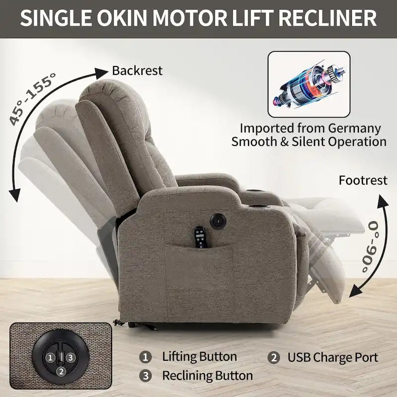 Fauteuil inclinable releveur électrique, fauteuil de massage moderne à moteur unique avec chauffage lombaire, port de chargement USB, porte-gobelets