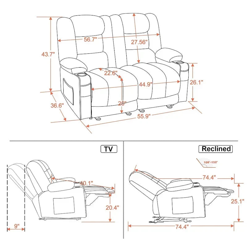 Causeuse inclinable électrique MCombo avec fonction chauffage et massage, en tissu PR648