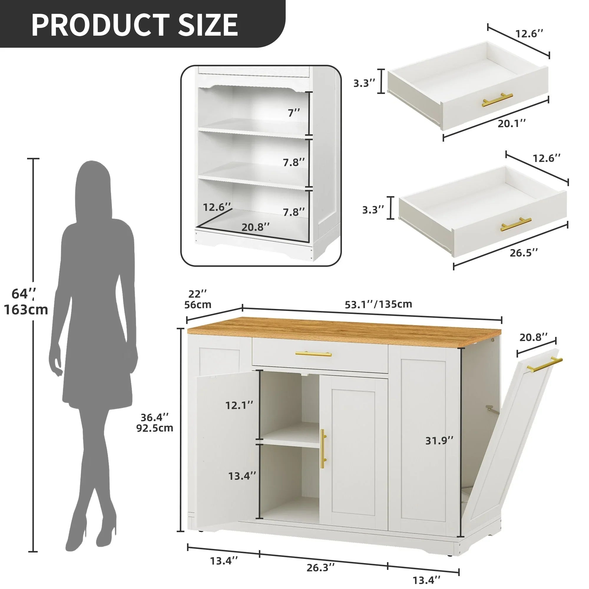 Moasis 53 pouces, îlot de cuisine roulant, armoire de rangement, chariot de cuisine mobile portable