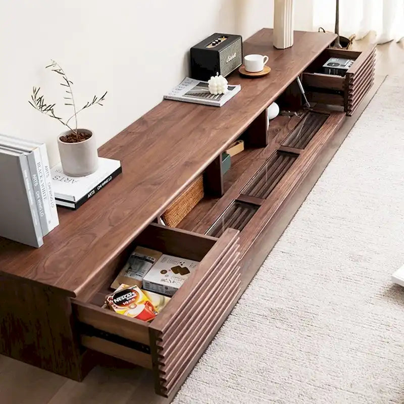 Meuble TV minimaliste avec tiroirsConsole multimédia en bois massif avec placards, porte abattante, placage noyer, entièrement assemblé