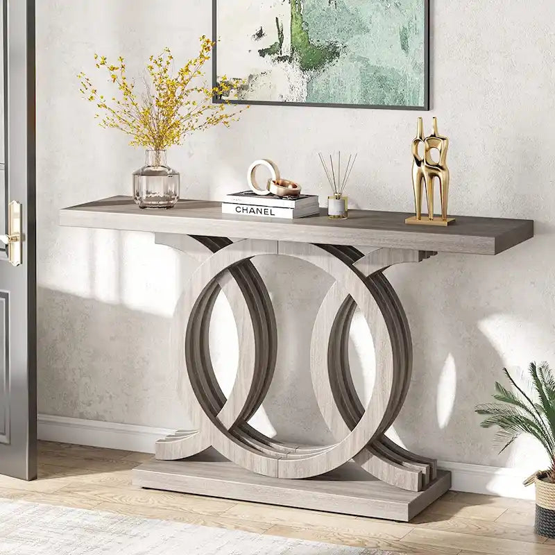 Console de style vintage avec base géométrique, table de couloir en bois