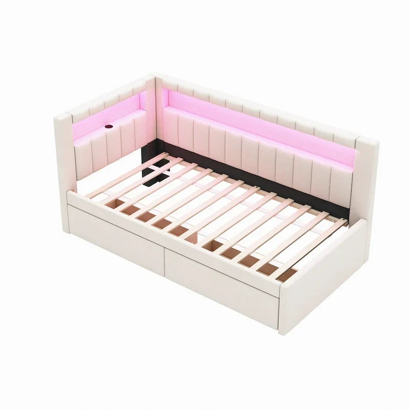 Lit plateforme rembourré avec ports USB et éclairage LED - Cadre de lit double/simple avec 2 tiroirs de rangement - Chambre à coucher moderne