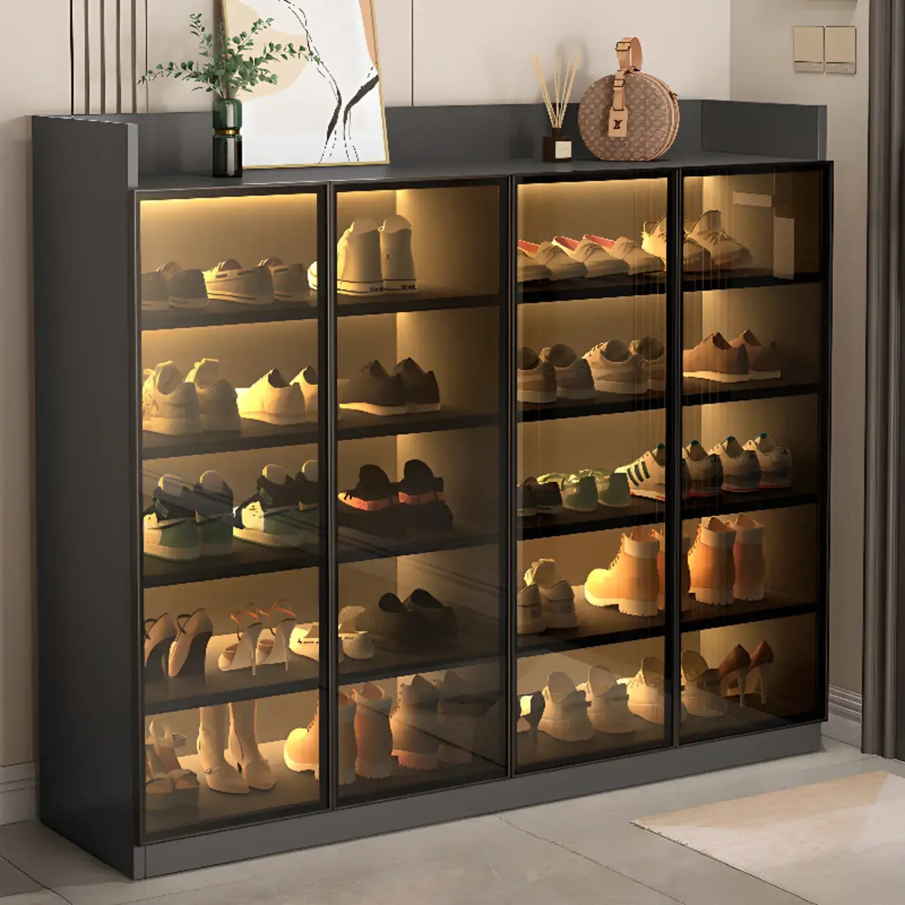 Meuble à chaussures éclairé par LED avec étagères réglables Portes transparentes