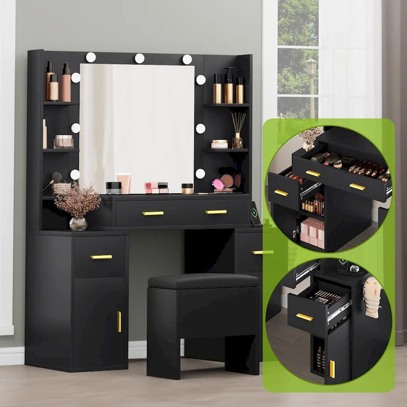 Coiffeuse avec prises intégrées et miroir éclairé, 55,1H x 43,3L x 15,74P
