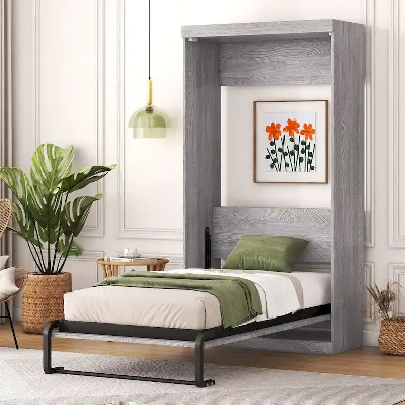 Lit escamotable simple, se plie en armoire, gris