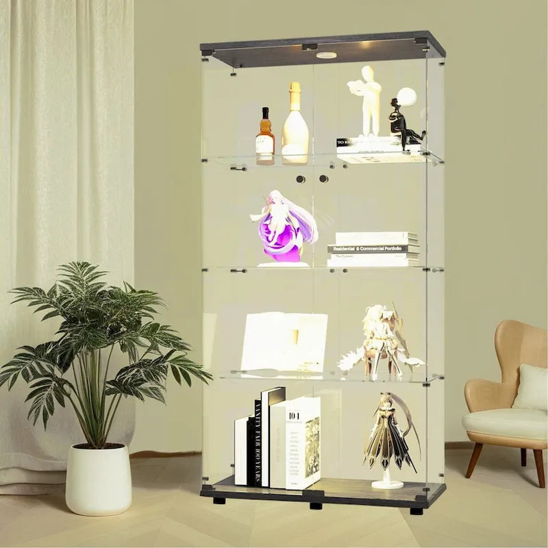 Vitrine en verre éclairée à deux portes avec 4 étagères, noire