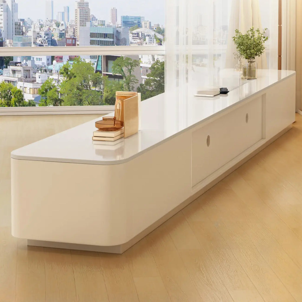 Meuble TV moderne en bois avec tiroirs et gestion des câbles