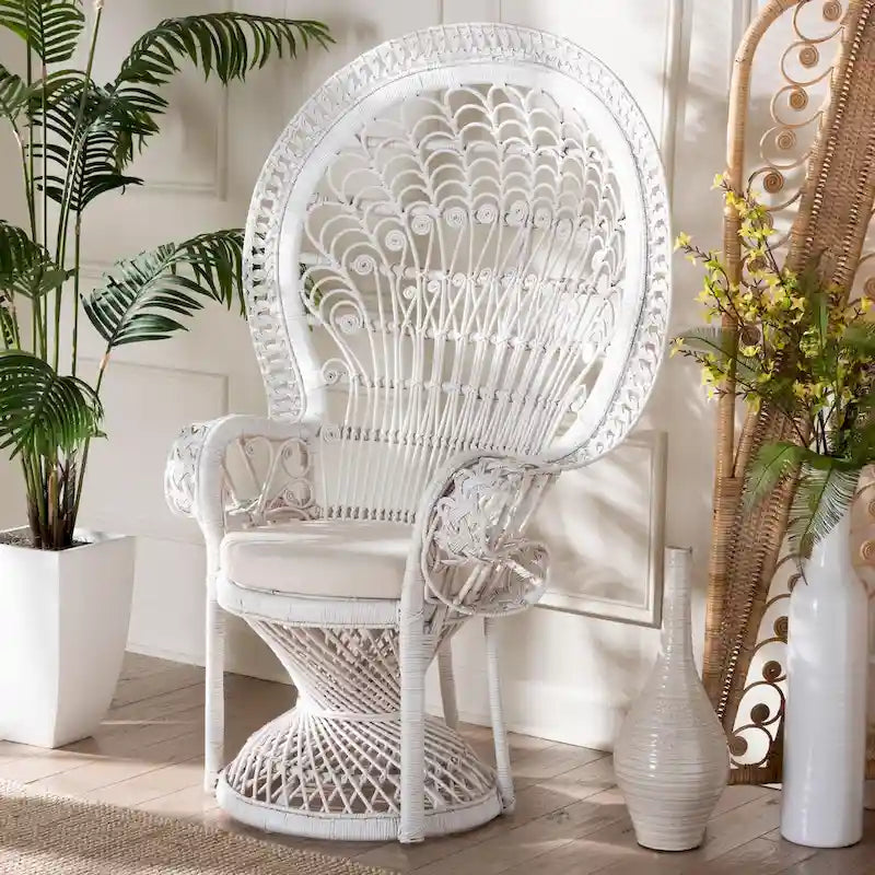 Fauteuil Peacock en rotin naturel blanc bohème moderne