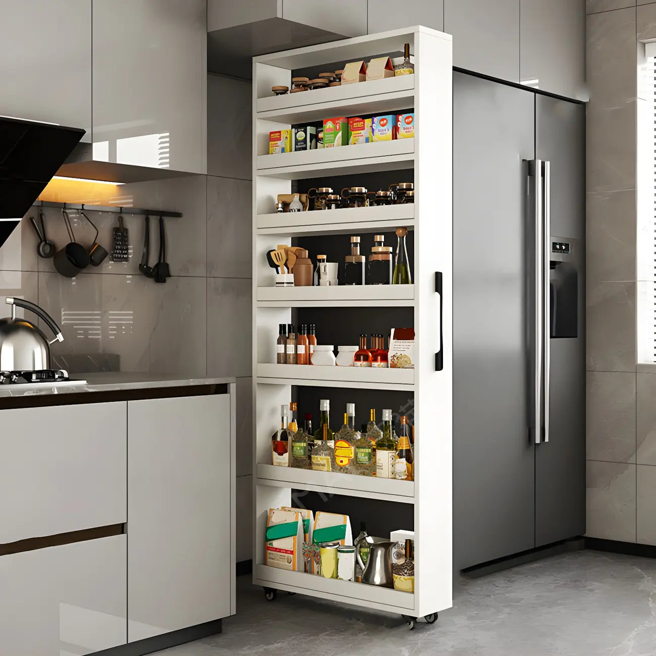 Buffet en bois moderne avec étagères ouvertes et roulettes