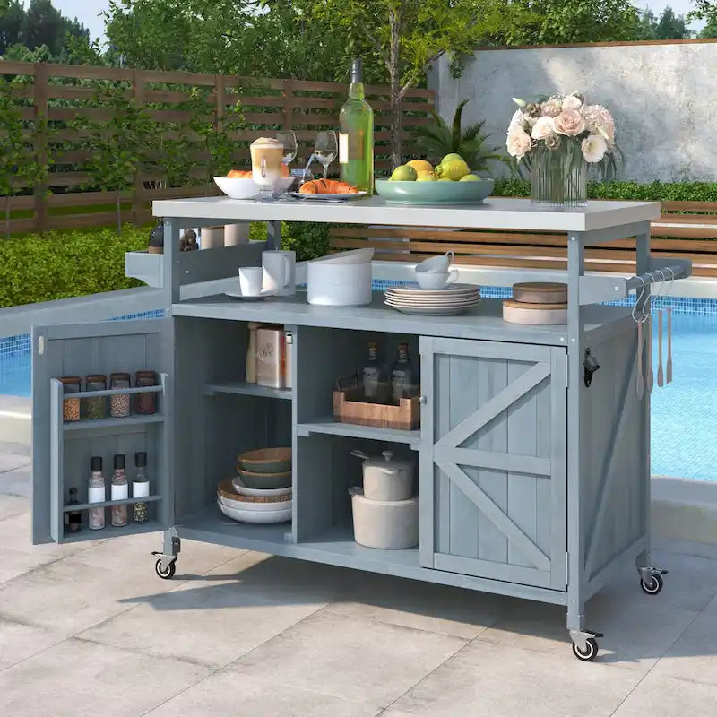Îlot de cuisine extérieur, chariot de bar roulant et meuble de rangement, table de grillade en bois massif avec plateau en acier inoxydable, porte-épices, porte-serviettes
