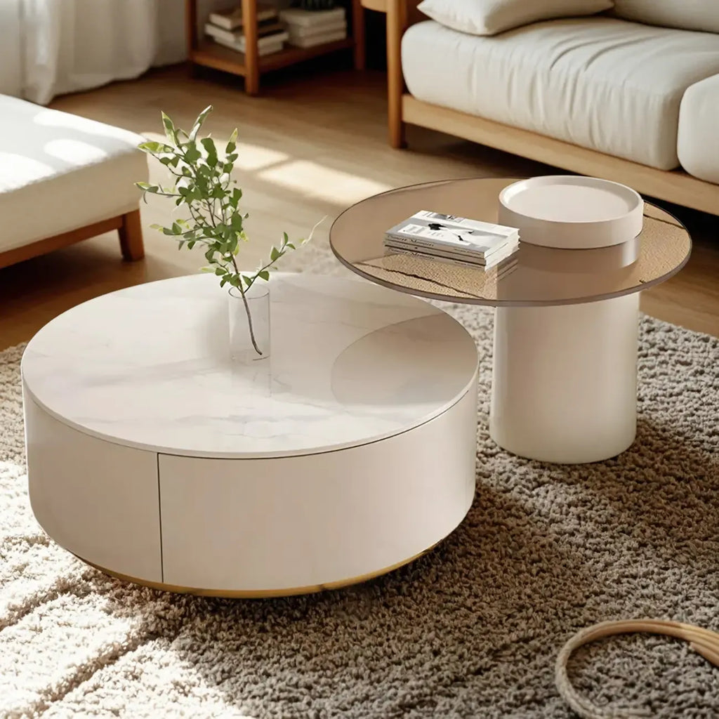 Table basse de forme tambour, ronde, en bois, moderne, blanche avec tiroir