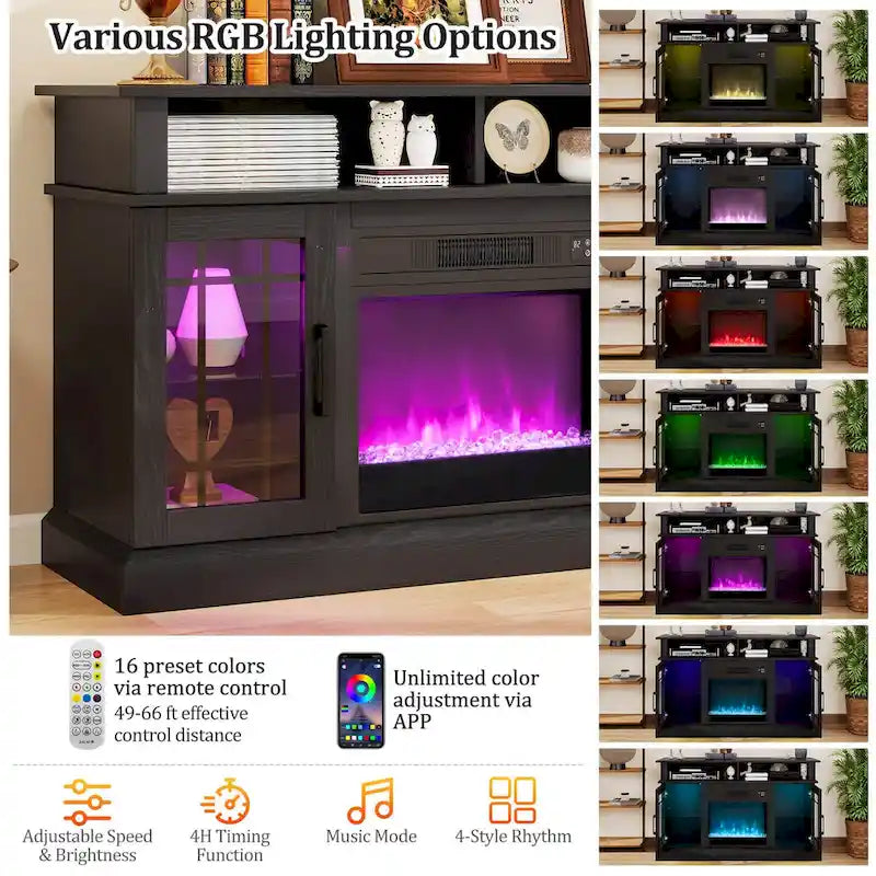Meuble TV avec cheminée électrique, lumières LED et télécommandes