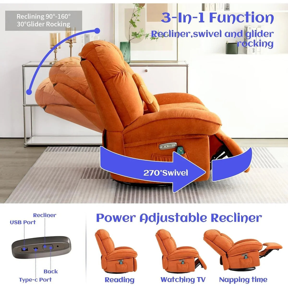 Fauteuil inclinable pivotant XINMICS, Fauteuils inclinables à bascule de massage avec fonction chauffante, ports USB, USB-C et pochette latérale