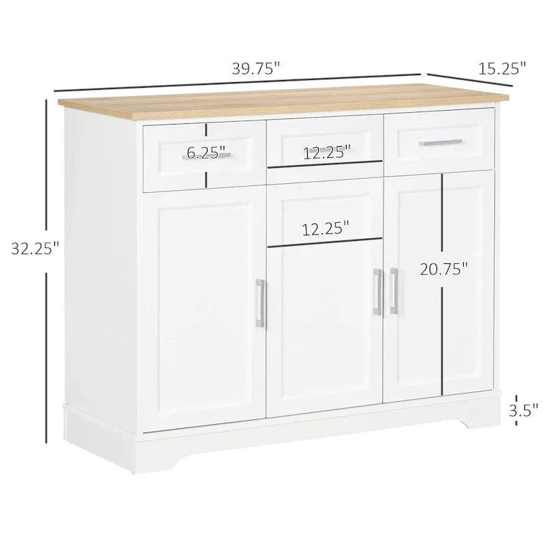 Meuble de Rangement Buffet de Cuisine Blanc avec 3 Tiroirs et Étagère Réglable