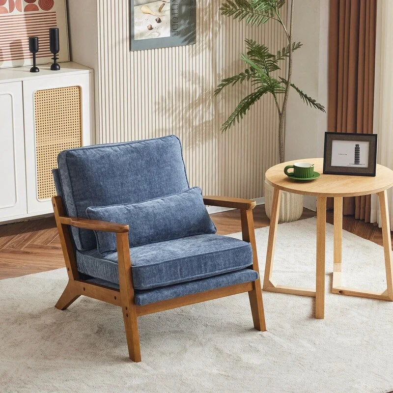 Fauteuil d'appoint rembourré en mélange de lin avec pieds en bois et un oreiller beige