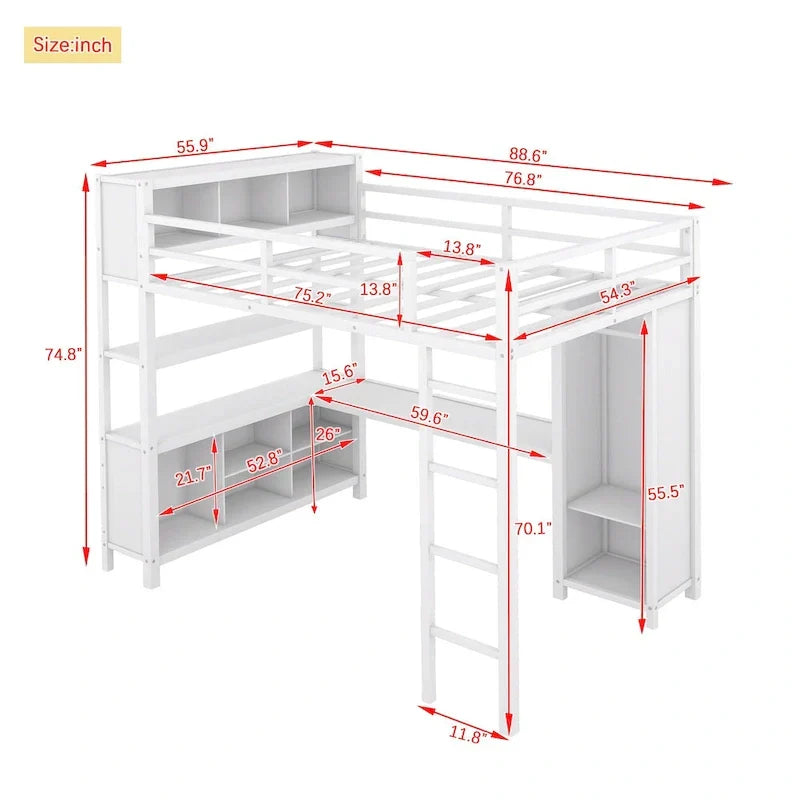 Lit mezzanine en métal blanc cassé avec bureau et armoire - Grand lit