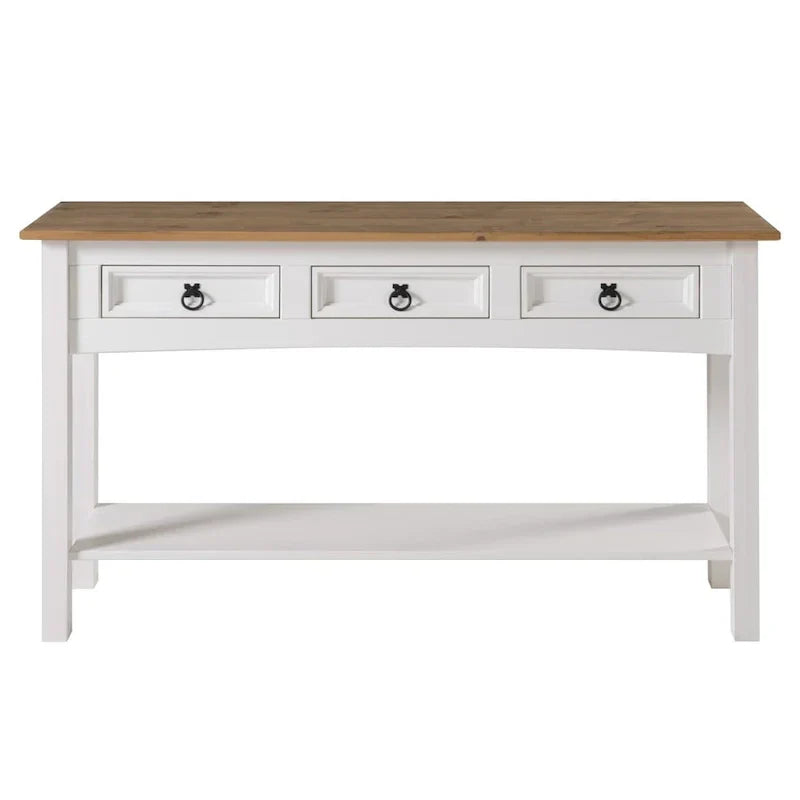Console de couloir rustique en pin massif, blanc cérusé / marron antique / gris cérusé / non peinte, 3 tiroirs