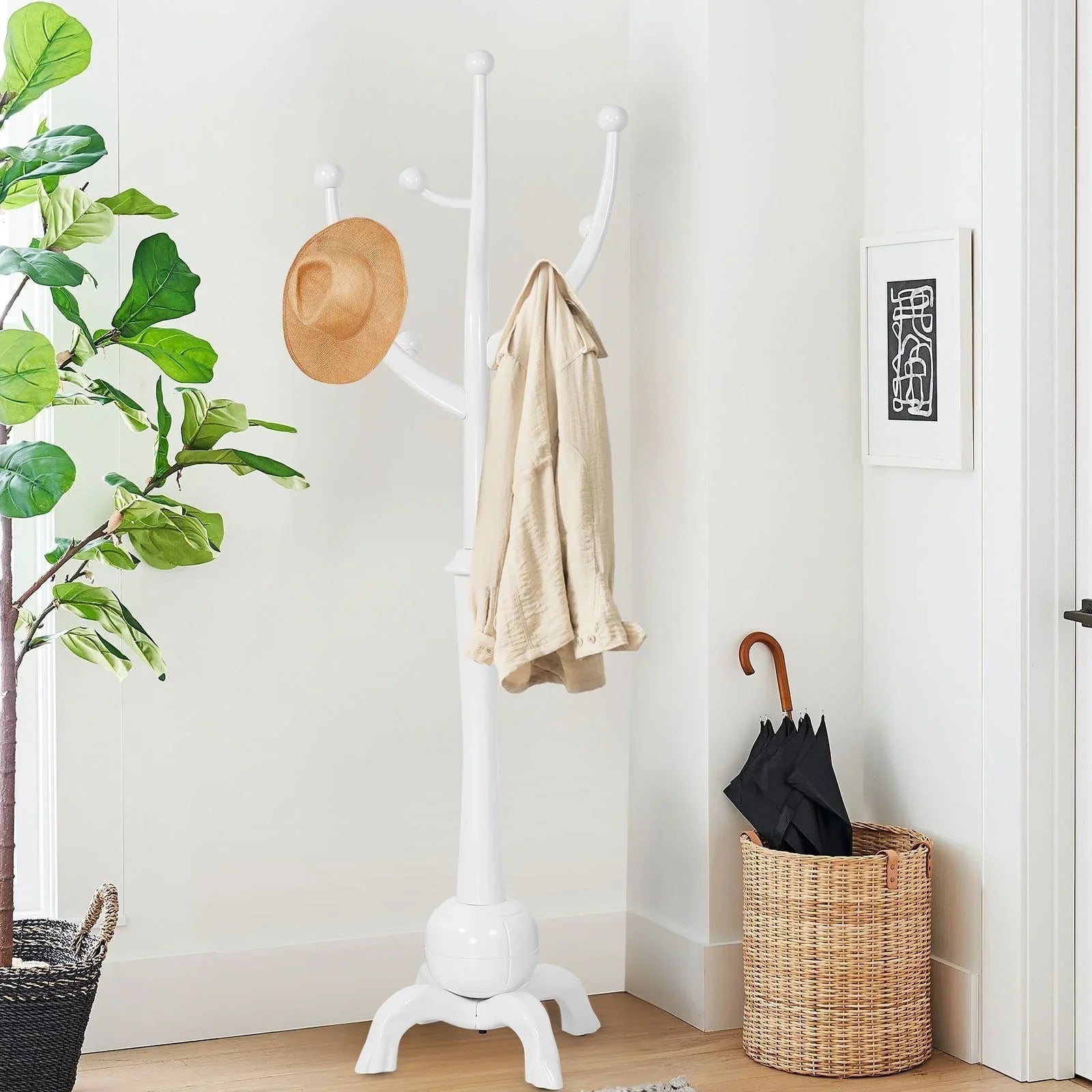Porte-manteau sur pied en bois d'hévéa à motif de branches d'arbre avec 8 crochets - 24,5 l x 70,87 h