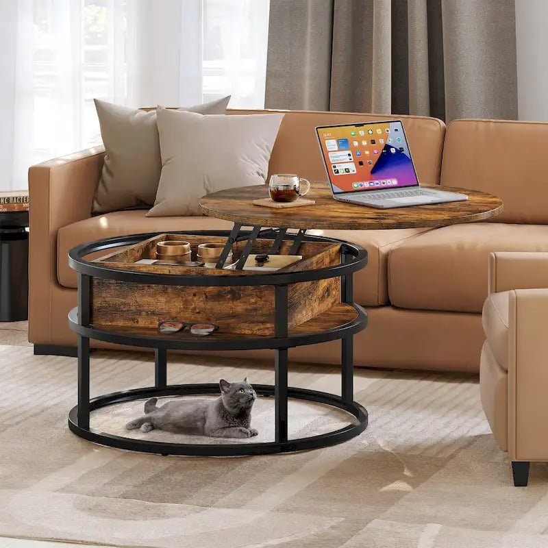 Table basse ronde relevable et extensible avec rangement dissimulé