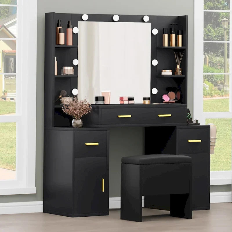 Coiffeuse avec prises intégrées et miroir éclairé, 55,1H x 43,3L x 15,74P