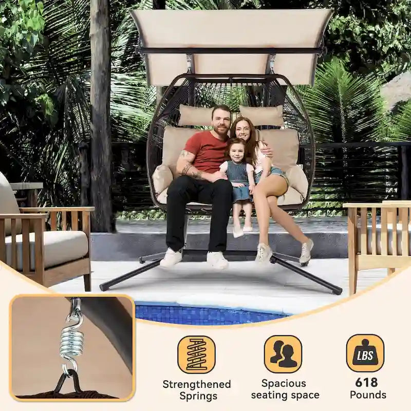 Balancelle extérieure à deux places avec support, chaise suspendue pliable, coussin de hamac et auvent, chaise double en forme d'œuf - Beige