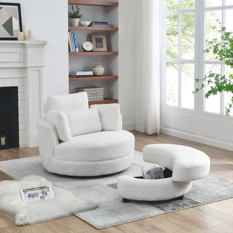 Fauteuil crapaud pivotant surdimensionné avec pouf de rangement lune