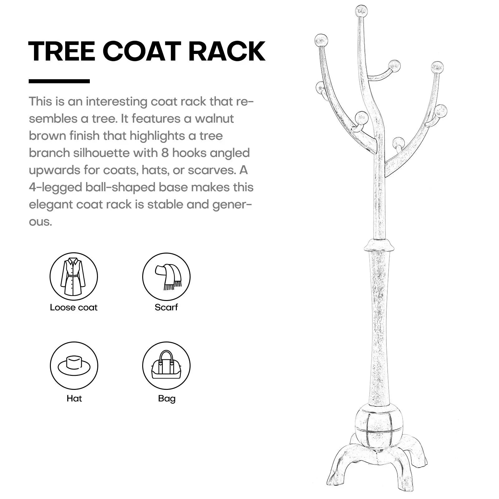 Porte-manteau sur pied en bois d'hévéa à motif de branches d'arbre avec 8 crochets - 24,5 l x 70,87 h