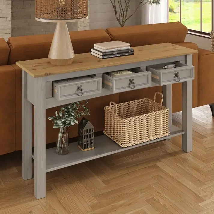 Console de couloir rustique en pin massif, blanc cérusé / marron antique / gris cérusé / non peinte, 3 tiroirs
