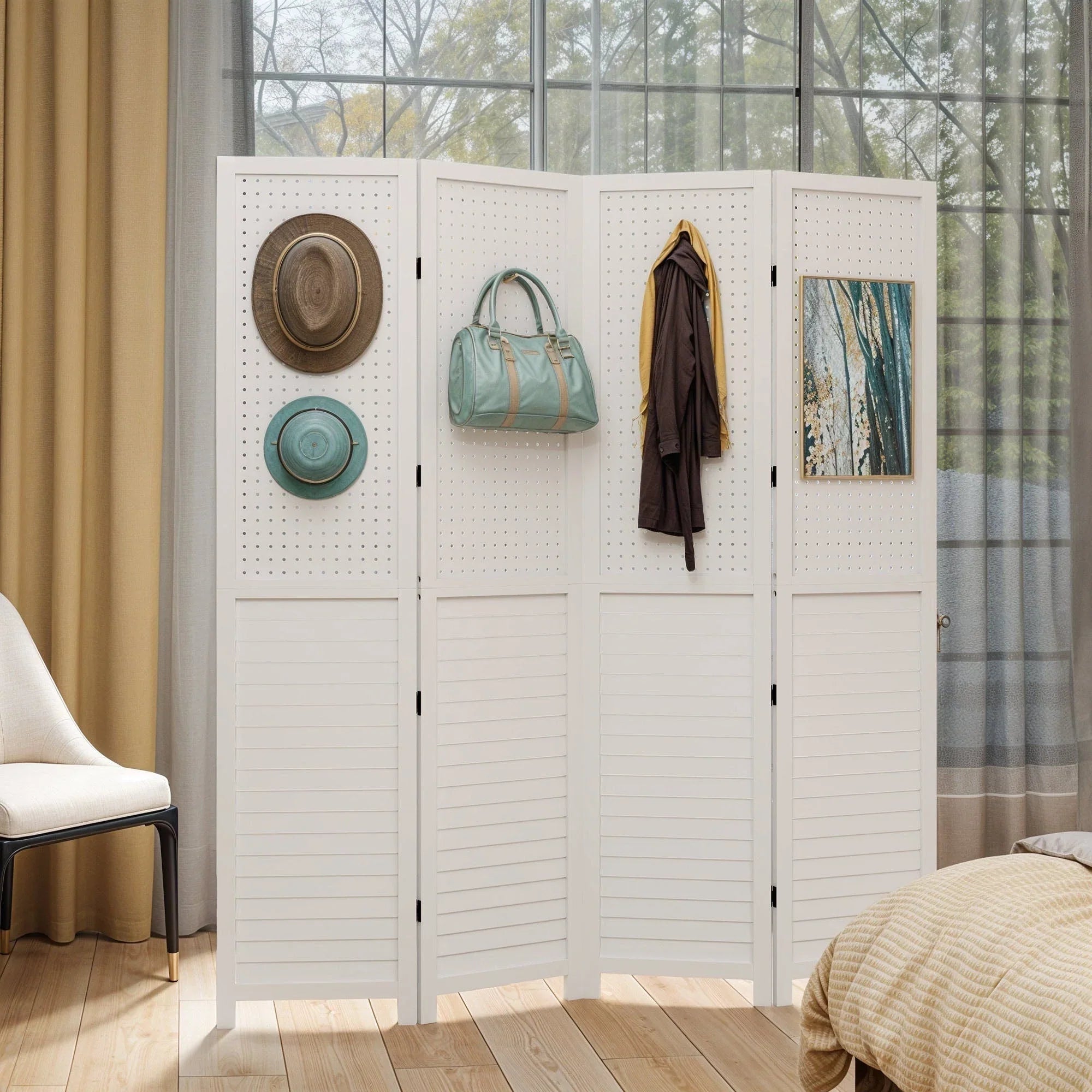 Séparateur de pièce en bois 4 panneaux Moasis 67 blanc