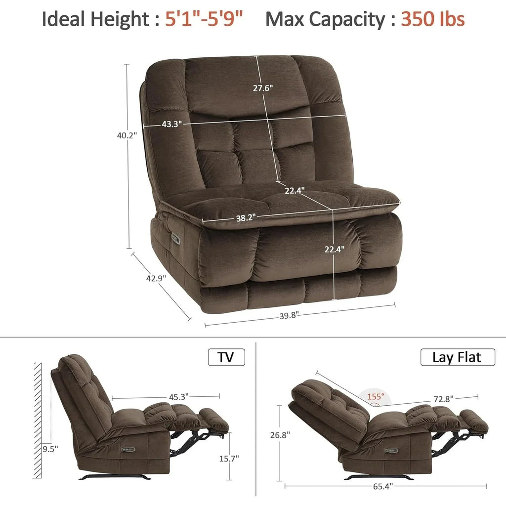 MCombo Fauteuil inclinable électrique sans accoudoirs surdimensionné à double moteur, inclinable Zeroarms parfait pour le salon en tissu PR607