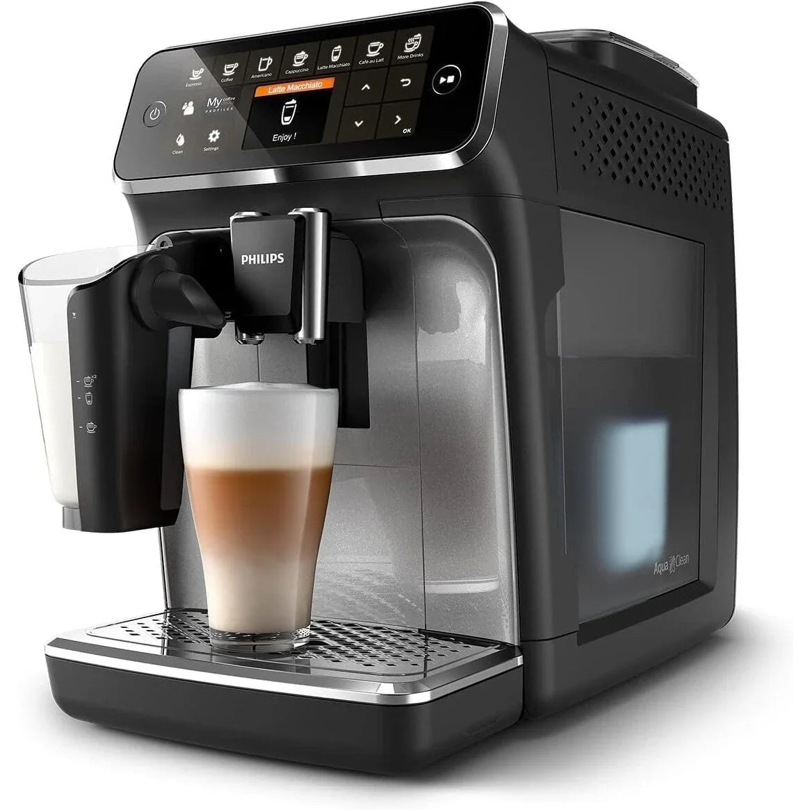 Machine à café expresso haut de gamme, 12 cafés chauds/froids, système LatteGo, broyeur céramique, chrome noir