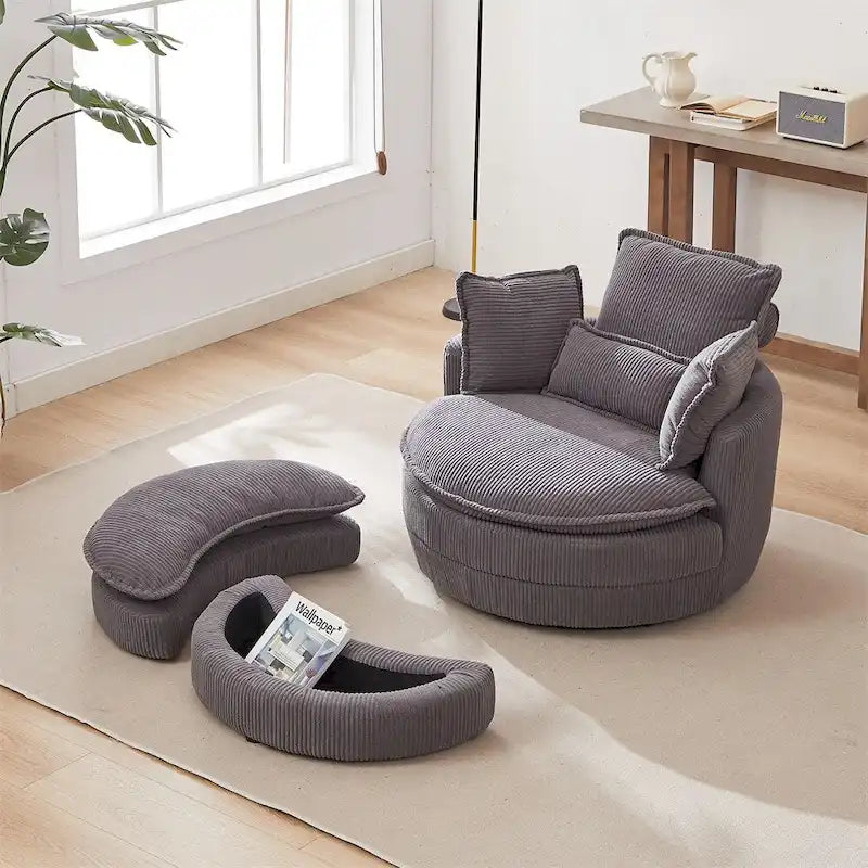 Fauteuil pivotant surdimensionné avec pouf de rangement lune et 4 oreillers