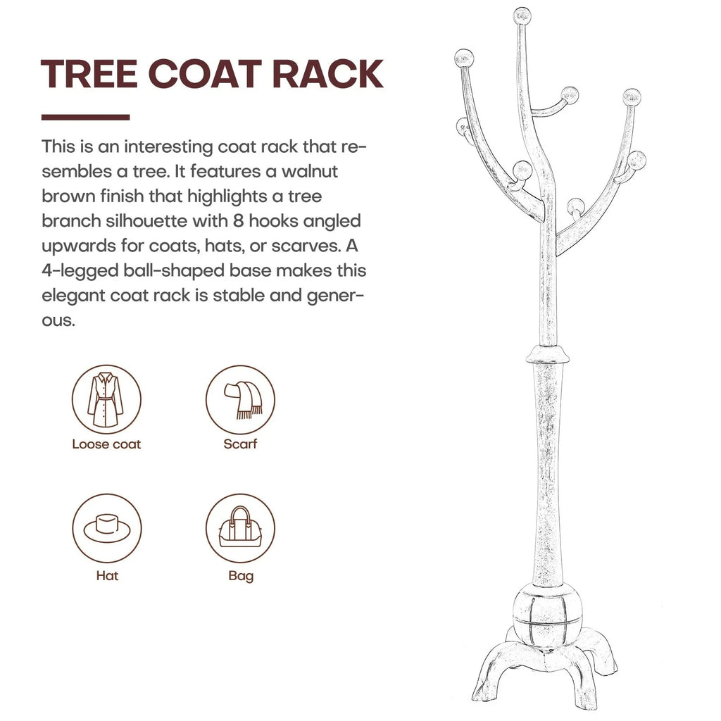 Porte-manteau sur pied en bois d'hévéa à motif de branches d'arbre avec 8 crochets - 24,5 l x 70,87 h