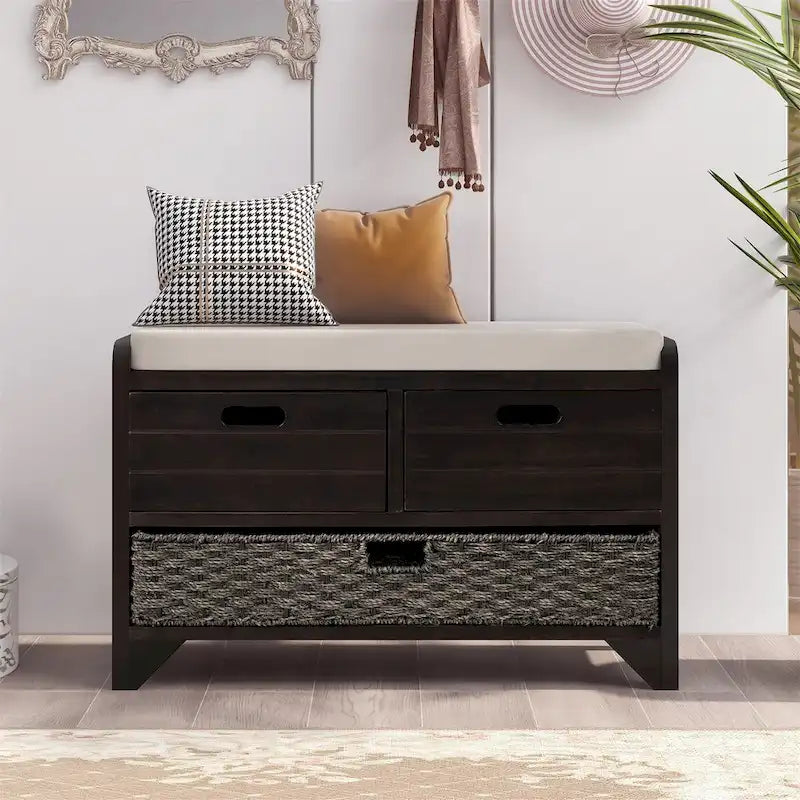 Banc de rangement en bois avec 2 paniers tressés