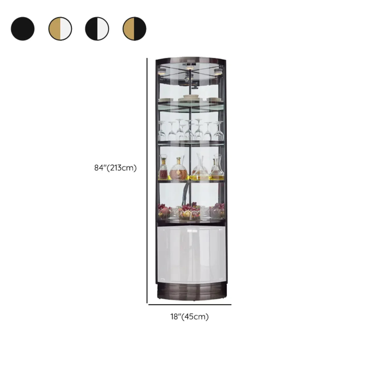 Meuble d'angle à vin avec étagères en verre et métal à plusieurs niveaux