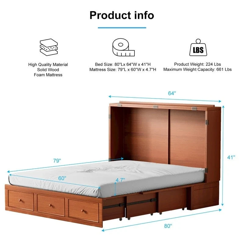 Lit escamotable avec matelas pliable, lit-armoire cube moderne avec tiroir de rangement et station de charge USB