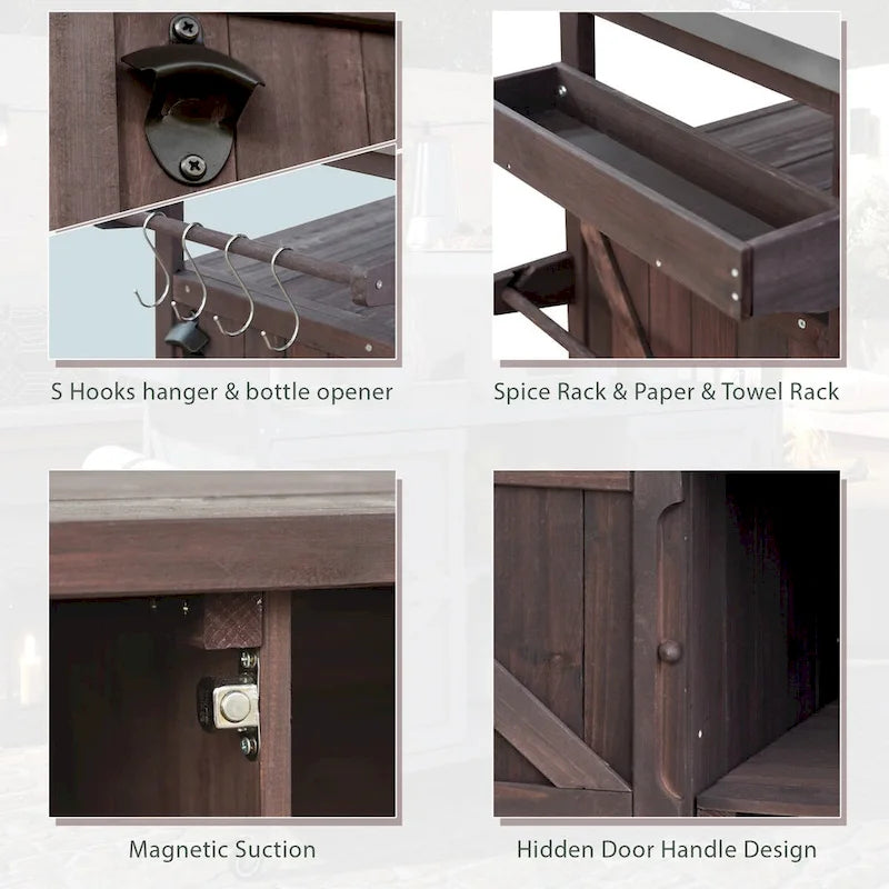 Îlot de cuisine extérieur, chariot de bar roulant et meuble de rangement, table de grillade en bois massif avec plateau en acier inoxydable, porte-épices, porte-serviettes