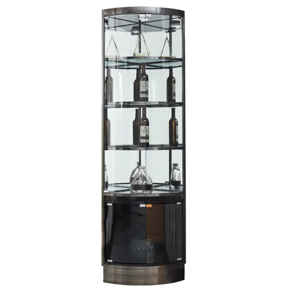 Meuble d'angle à vin avec étagères en verre et métal à plusieurs niveaux