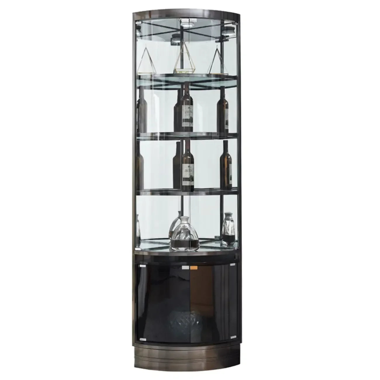 Meuble d'angle à vin avec étagères en verre et métal à plusieurs niveaux